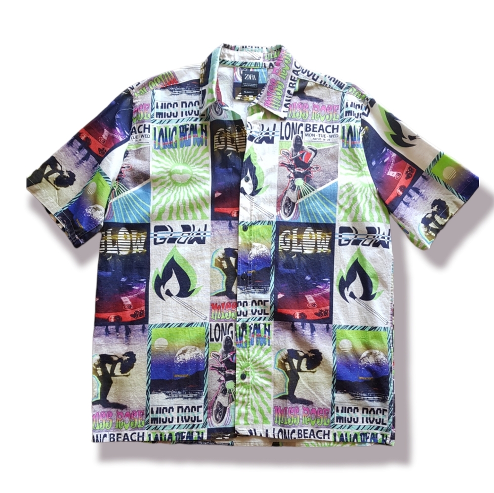 zara men GLOW Miss Rose long beach Linen Cotton Hawaiian shirt racing print M